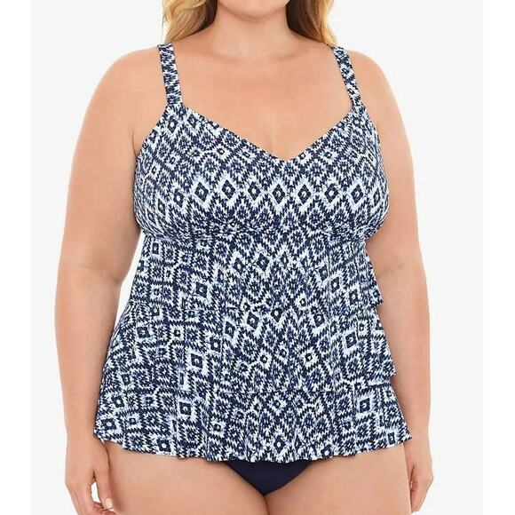 Swim Solutions TILE ISLAND NAVY Triple-Tier Fauxkini One-Piece Swimsuit US 24W - Picture 1 of 7